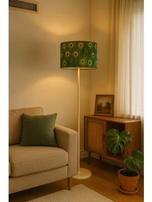 Normadia Yeşil Tavus Kuşu Baskılı Lambader, Şapkalı, Tek Ayaklı, Dekoratif Aydınlatma