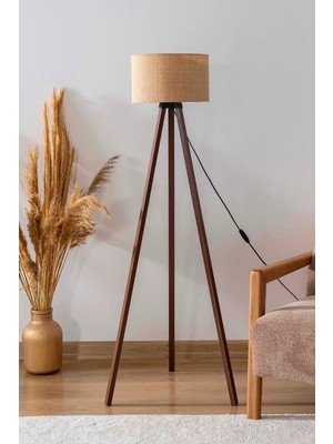 Normadia Hasır Dokulu Silindir Başlık Ahşap Üç Ayaklı Lambader