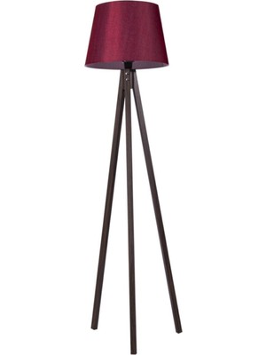 Normadia Şık Üç Ayaklı Ahşap Tripod Abajur, Konik Kumaş Tasarım, Bordo ve Ceviz Renk