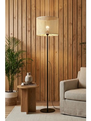 Normadia Şık Siyah Metal Ayaklı Bohem Rattan Görünümde Lambader 145CM