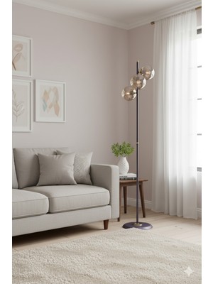 Normadia Şık Siyah-Gold Metal Gövde Bal Camlı Lüx Yerden Aydınlatma Lambader