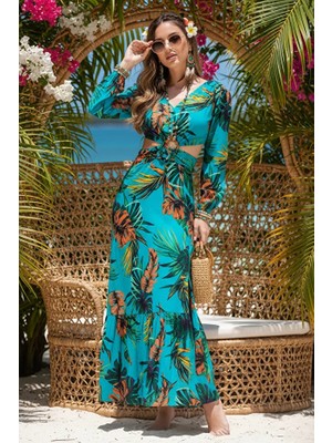 Egzotik Palmiye Desenli Tokalı Göğüs Tasarım Pencereli Yırtmaçlı Uzun Havuz Başı Kokteyl Maxi Elbise