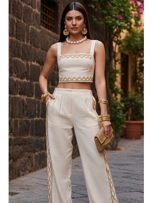 Zikzak Nakış Kalın Askılı Crop Bluz Pantolon 2li Takım