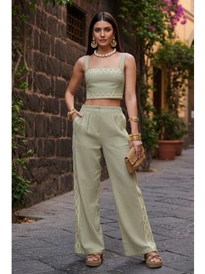 Zikzak Nakış Kalın Askılı Crop Bluz Pantolon 2li Takım