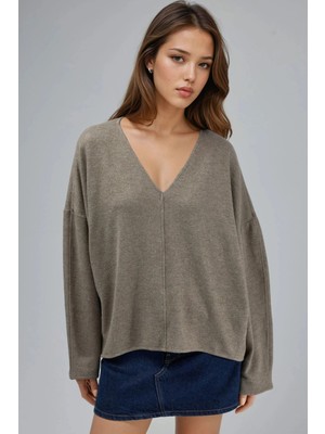 Hiccup Kadın Busem V Yaka Uzun Kollu Bluz Kunduz Kahverengisi