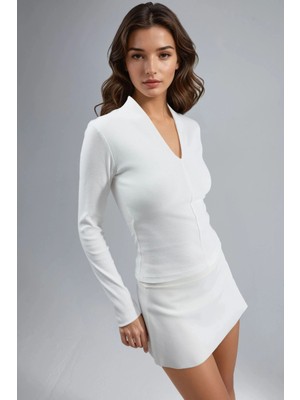 Hiccup Kadın Busem Slim Fit V Yaka Uzun Kollu Bluz Beyaz