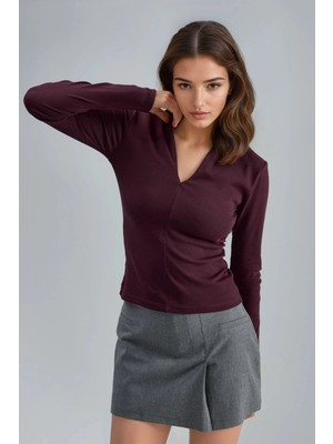 Hiccup Kadın Busem Slim Fit V Yaka Uzun Kollu Bluz Leylak Moru