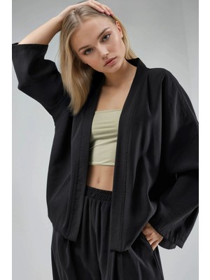 Hiccup Kadın Busem Uzun Kollu Rahat Kesim Kimono Siyah