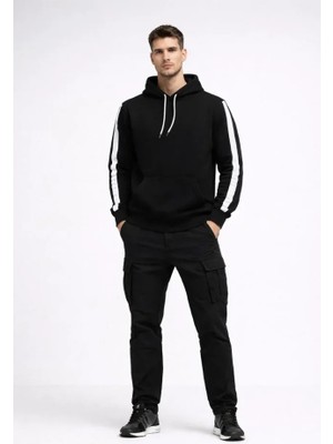 Marsilyan Erkek Şeritli Kapüşonlu Sweatshirt Oversize 3 Iplik Pamuklu - Siyah