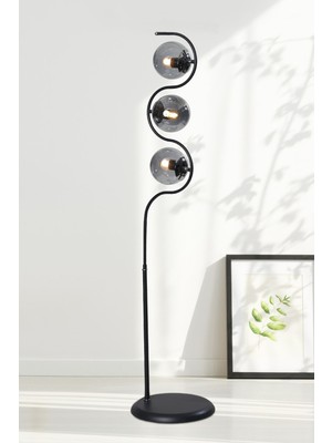 Normadia Modern Siyah-Krom Metal ve Füme Cam Tasarım Lüx Yerden Aydınlatma