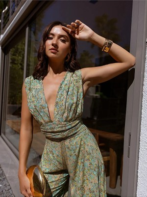 Boho Bağlama Tasarım Viskon Geniş Yanlar Kısa Ispanyol Paça Yazlık Tatil Sahil Uzun Bohem Tulum Mint