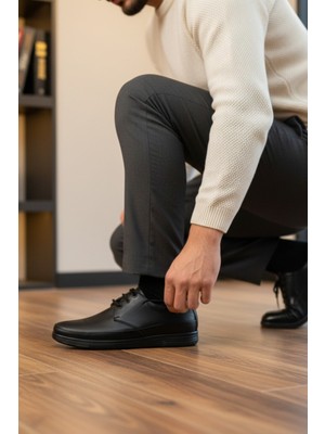 Enoch Hakiki Deri Siyah Ortopedik Bağcıklı Günlük Erkek Ayakkabı