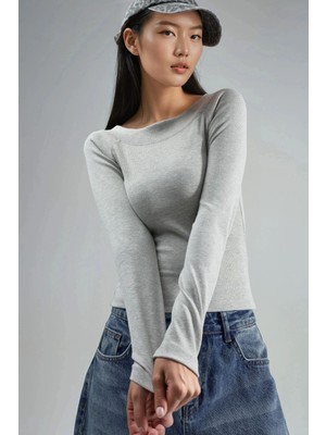 Hiccup Kadın Busem Slim Fit Fitilli Kayık Yaka Bluz Açık Gri