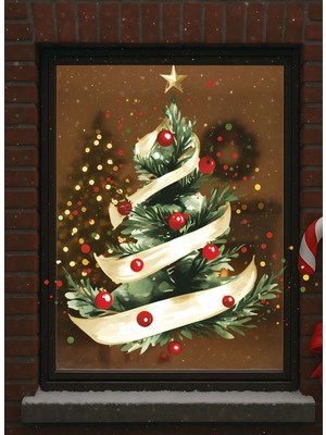 Aysha Tasarım Yılbaşı Duvar Sticker - Sprial Şeritli Yılbaşı Ağacı Duvar / Cam Stickerı