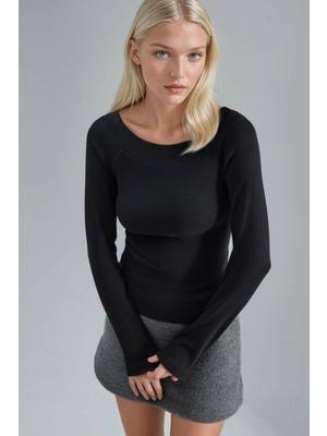 Hiccup Kadın Busem Slim Fit Fitilli Kayık Yaka Bluz Siyah