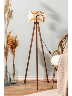 Normadia Şık Ahşap Üç Ayaklı Soyut Krem Silindir Lambader