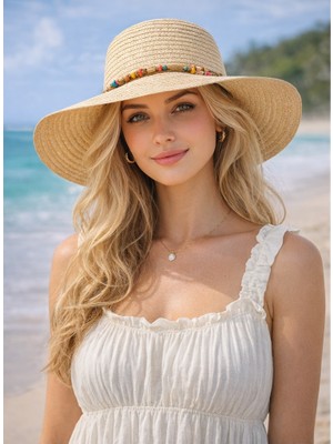 Reva Ayarlanabilir Ipli Hasır Kadın Şapka – Geniş Siperlikli, Boncuk Detaylı Yazlık Güneş Şapkası
