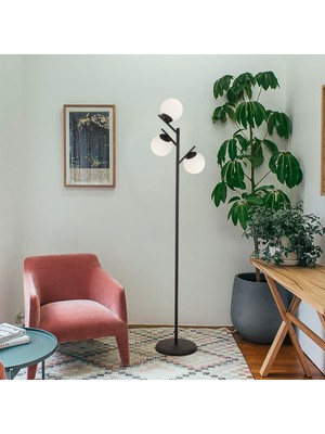 Normadia Modern Siyah Beyaz Camlı Metal Lambader, 3'lü Set, Şık Aydınlatma