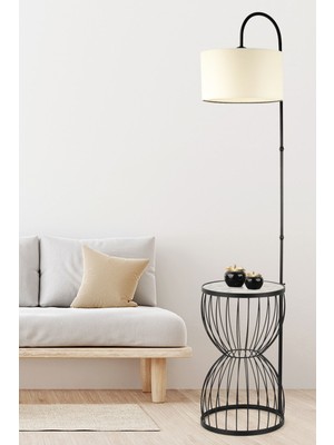 Normadia Şık Siyah Mermer Sehpa ve Ahşap Lambader Seti, Krem Şapka Tasarımı