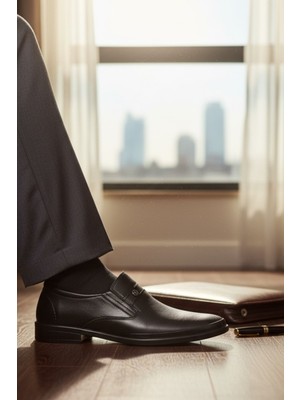 Enoch Noch Hakiki Deri Siyah Ortopedik Bağcıksız Şık Erkek Ayakkabı