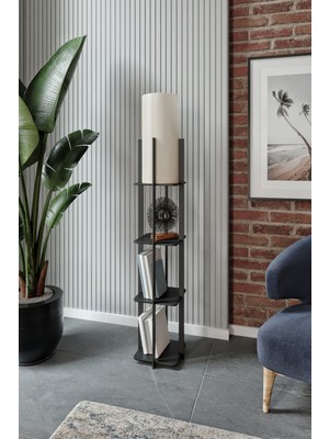 Normadia Şık Siyah Mermer Desenli Dekoratif Raflı Lambader