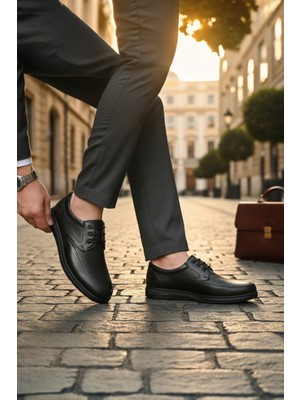 Enoch Hakiki Deri Siyah Ortopedik Bağcıklı Günlük Erkek Baba Ayakkabısı
