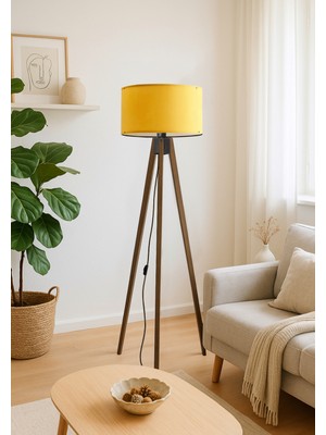 Normadia Sarı Silindir Lambader Ahşap Üç Ayaklı Modern ve Şık Tasarım