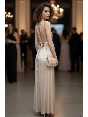 Altın Dore Örgü Sırt Bağlamalı Parlak Yumuşacık Saten Yırtmaçlı Bohem Yazlık Uzun Bodrum Gece Elbise