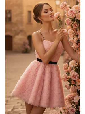 Kumaş Gül Çiçek Kabartmalı Ince Askılı Fermuarlı Tütü Prenses Party Kokteyl Elbisesi