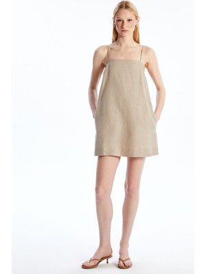 Lc Waikiki Yeni Sezon Kare Yaka %100 Keten Mini Elbise