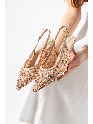Best Cover Arıya Kadın Gold Sivri Burun Slingback Pul Payet Detaylı Ince Topuklu Ayakkabı