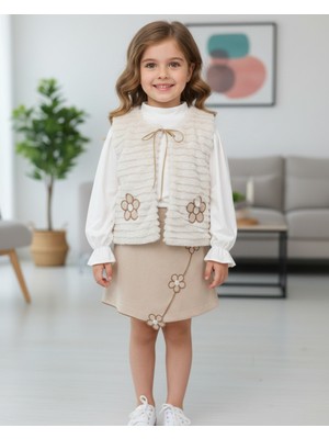 Asliva Fashion Kız Çocuk Kışlık Şortetek Takım Krem Rengi Kürklü Yelekli Çiçek Detayl