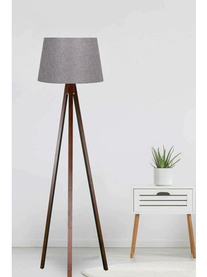 Normadia Ahşap Tripod Lambader, Konik Abajur, Antrasit Kahverengi, 3 Ayaklı