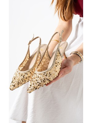 Best Cover Arıya Kadın Gold Sivri Burun Slingback Pul Payet Detaylı Ince Topuklu Ayakkabı