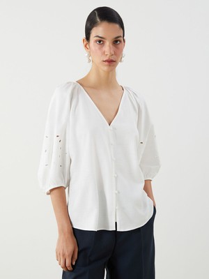 Lc Waikiki Yeni Sezon V Yaka Nakışlı Balon Kollu Bluz