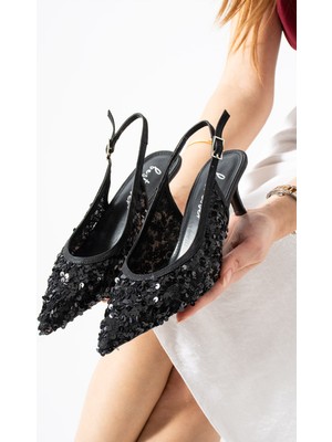 Best Cover Arıya Kadın Gold Sivri Burun Slingback Pul Payet Detaylı Ince Topuklu Ayakkabı