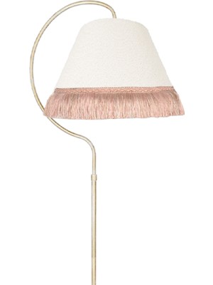 Normadia Elips Metal Gövde Lambader, Krem Sarı Abajur, Püsküllü Pembe Köşe Aydınlatması