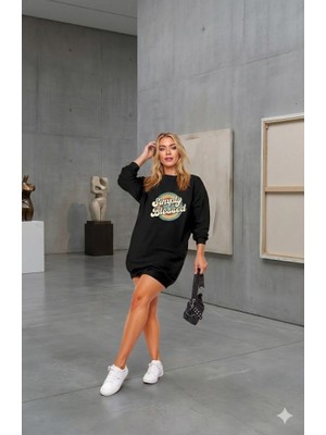 Kendim Fashion Kadın Uzun Kollu Bisiklet Yaka Yazılı Viskon Iki Iplik Elbise