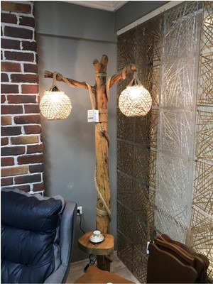 Normadia El Yapım Sarmaşık Lambader Çift Set, Doğal Ahşap ve Zeytin Detaylı