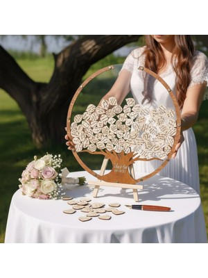 Evlilik Sepetim Hayat Ağacı Düğün-Nişan Şeffaf Pleksi Misafir-Hatıra Anı Kutusu Yuvarlak 50 cm Çapında + Şövale ve Kalem Hediyeli