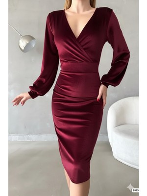 Ezraa Kadife Kumaş Uzun Kollu Kruvaze Elbise