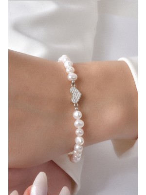 Doğal Taş Inci Tasarım Bileklik – 925 Ayar Gümüş Kalp Detaylı