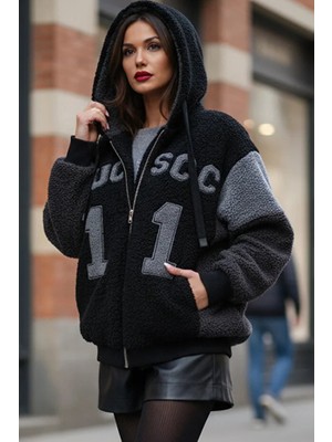 Fashion Cocktail Kapşonlu Cepli Peluş Karma Renk Kolej Yazılı Fermuarlı Kışlık Sıcacık Mont