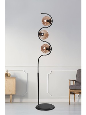 Normadia Şık Siyah-Gold Metal Gövde Bal Camlı Lüx Yerden Aydınlatma Lambader