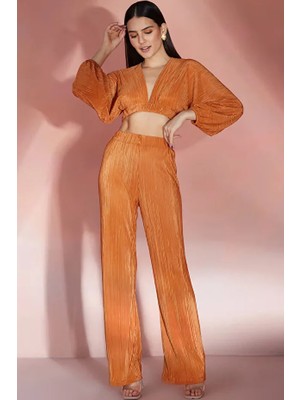 Fashion Cocktail Zarif V-Yaka Fitilli Akordiyon Kumaş Crop Pantolon Takım Taba