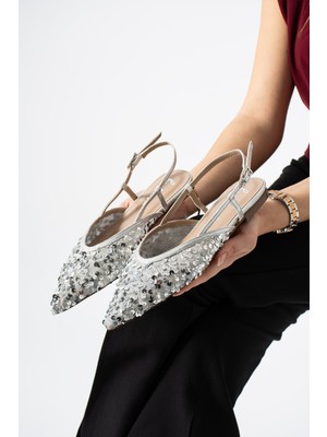 Best Cover Lerına Kadın Sivri Burun Slingback Pul Payet Detaylı Düz Taban Babet Ayakkabı