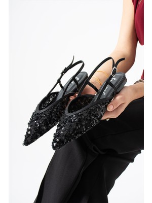 Best Cover Lerına Kadın Sivri Burun Slingback Pul Payet Detaylı Düz Taban Babet Ayakkabı