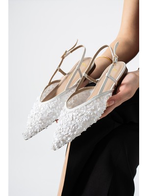 Best Cover Lerına Kadın Sivri Burun Slingback Pul Payet Detaylı Düz Taban Babet Ayakkabı