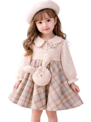 İrem Çocuk Giyim Kız Çocuk Ekose Detaylı Gömlek Yakası Nakışlı Peluş Çantalı Uzun Kollu Gömlek Elbise Takımı