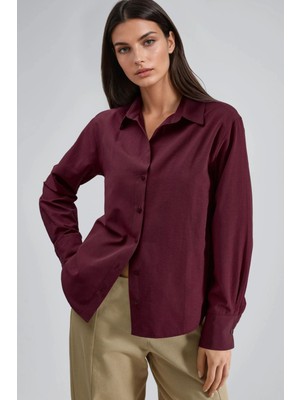 Hiccup Kadın Busem Uzun Kollu Düğmeli Gömlek Bordo Kırmızı
